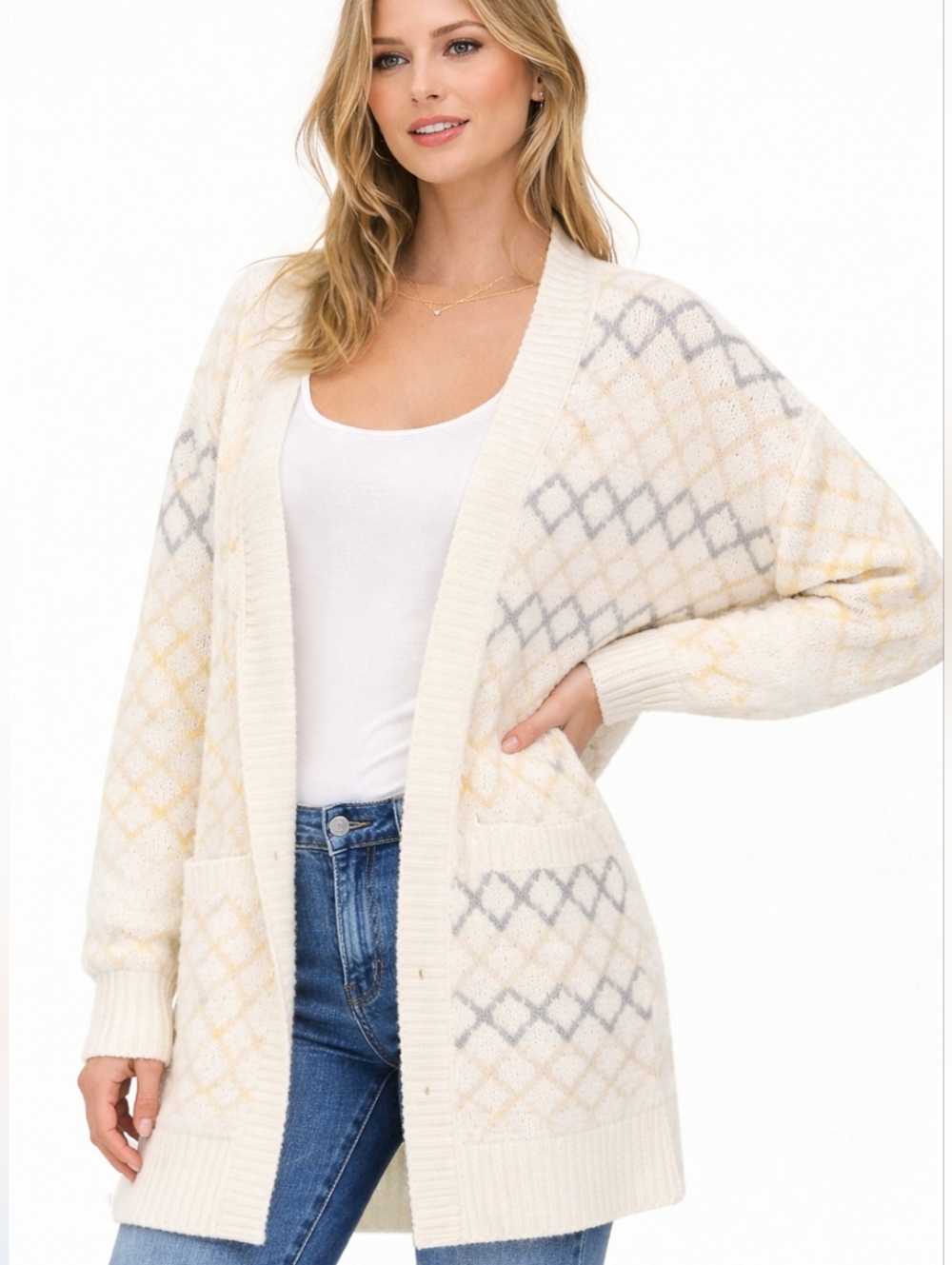 Tea‎ N Rose Brand Plus Size Knit Cardigan with Yellow + Gray Diamond Pattern